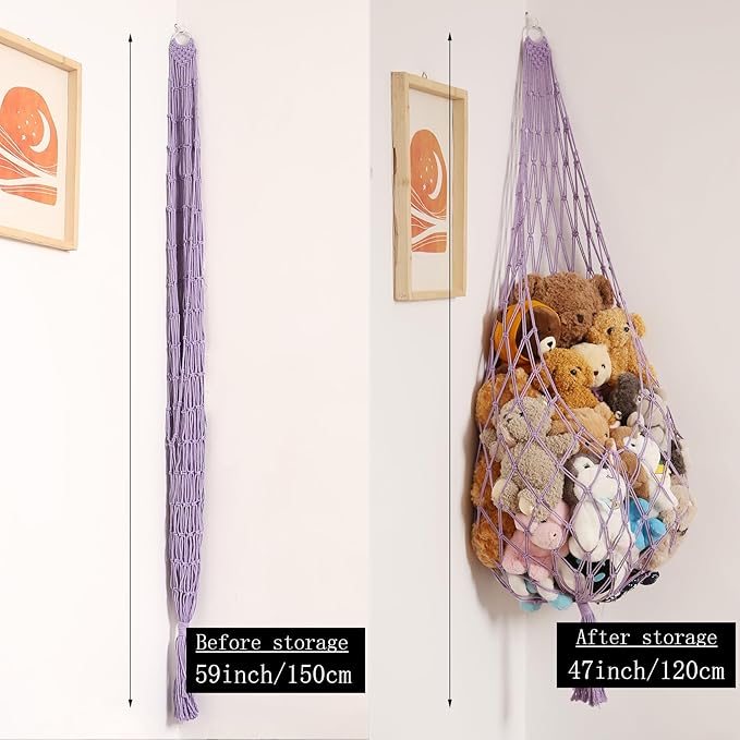 Upgrade Stuffed Animal Hammock Corner or Wall Hanging Net for Stuffy Animal Storage Macrame Toy Display Over Door Toy Holder Kid Bedroom Decor Playroom Organizer (Purple)