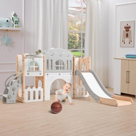 8 in 1 Toddle Slide Playset, Indoor Playground for Kids 1-3， Toddle Outdoor Playset with Slide, Climber, Tunnel, Basketball Hoop, Storage Space and Telescope for for Boys Girls, Pink Gray