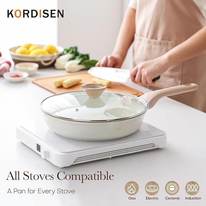Kordisen Ceramic Non Stick Frying Pan Skillet with Lid, 12.5 Inch Large Pan | Non Toxic, Healthy Coating, Induction Compatible, Heat Resistant Handle, PFOA & PFAS Free