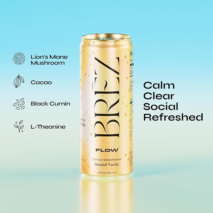 BRĒZ FLOW Alcohol Alternative Drink – Non Alcoholic Sparkling Drink with Lion’s Mane Mushroom, Lemon Elderflower, Adaptogen Beverage for Mood & Focus, Alcohol Alternatives with a Buzz, 24 Pk 12 Fl Oz