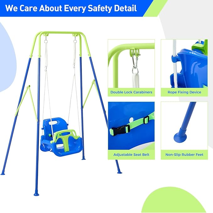 FUNLIO Toddler Swing with Foldable Metal Stand for Toddlers Aged 1~10 Years, 3-in-1 Baby Swing Set with 4 Sandbags for Backyard/Indoor/Outdoor Play, Easy to Assemble & Store - Bluegreen