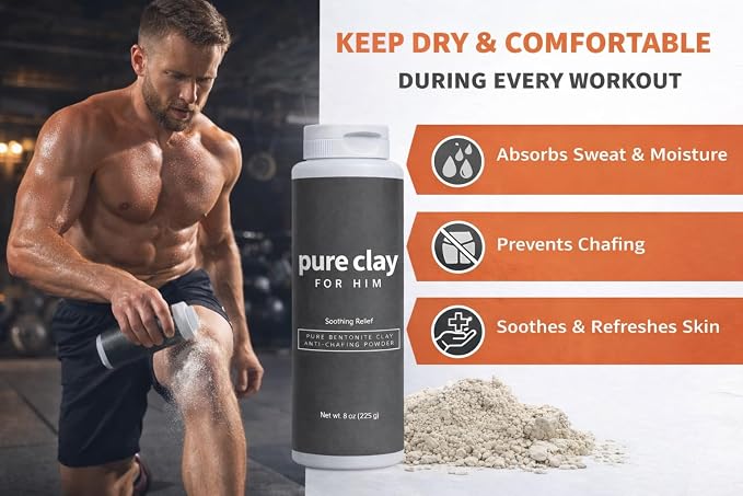 Pure for Him Mens Talc-Free Body Powder, Food Grade Bentonite Clay, Anti Chafing, Foot Powder, Dry Fresh Skin Comfort for Thighs Groin Underarms, Unscented 8 oz Calcium Bentonite Men Deodorant