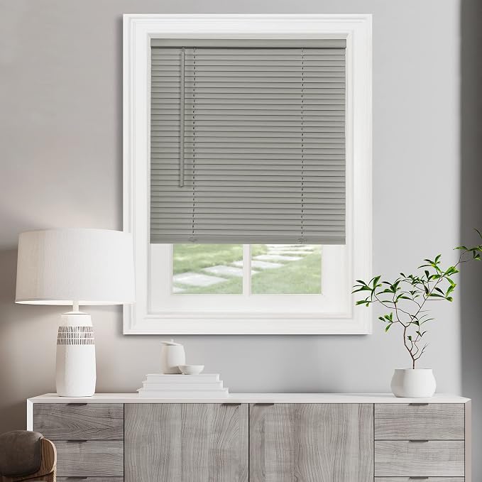 Cordless Light Filtering Mini Blind - 29 Inch Width, 64 Inch Length, 1" Slat Size - Grey - Cordless GII Morningstar Horizontal Windows Blinds for Interior by Achim Home Decor