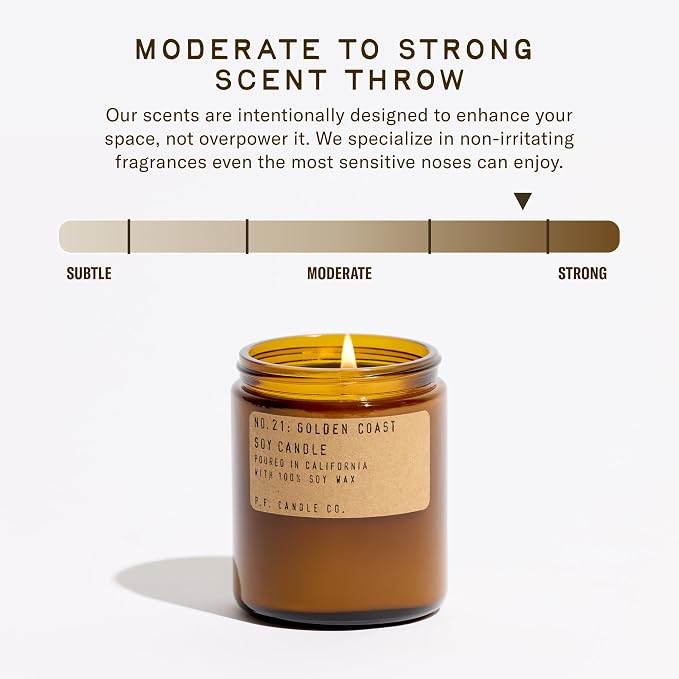 P.F. Candle Co. Golden Coast Classic Standard Scented Soy Wax Candle (7.2 oz) 40-50 Hour Burn Time, Amber Glass Jar, Made in The U.S.A.