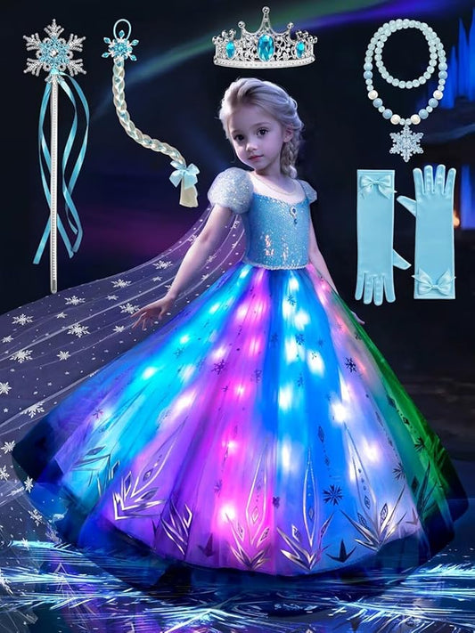 Princess Dress Up for Girls RGB LED Light Up Syncs Music, Princess Birthday Dress Halloween Costume for Girls 3-10