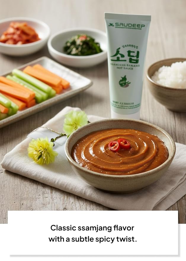 Korean Food Saudeep Ssamjang Flavor Dipping Sauce, Sweet & Savory, 4.23oz | Korean seasoned soybean paste flavor sauce with mild heat for meat, vegetables, and rice