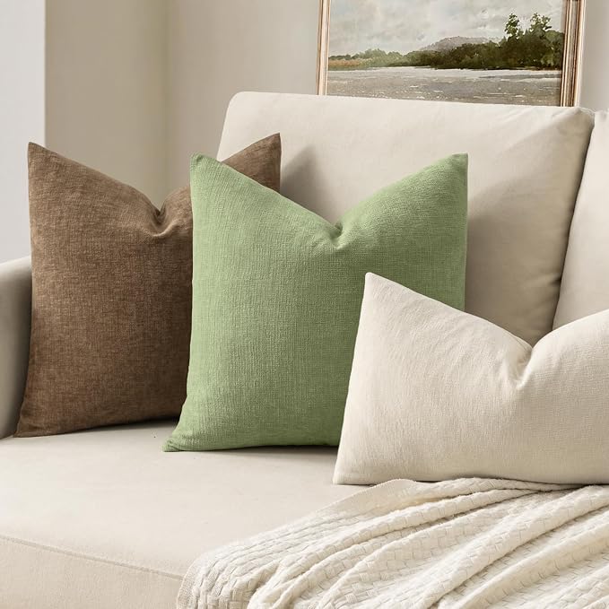 MIULEE Sage Green Chenille Couch Throw Pillow Covers, 16x16 | Set of 2, Soft Modern Farmhouse Style, Decorative Pillowcases for Sofa Living Room Bed, Home Decor