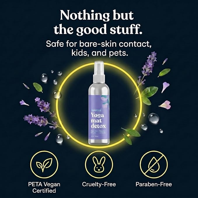 ASUTRA Yoga Mat Cleaner Spray (Peaceful Lavender - Aluminum Bottle), 4 fl oz - No Slippery Residue, Organic Essential Oils, Deep-Cleansing for Fitness Gear & Gym Equipment, Microfiber Towel Included