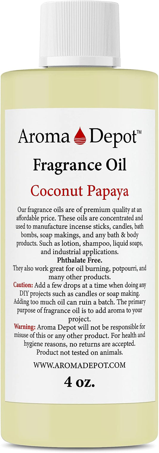 Aroma Depot Cocout Papaya 4 oz. Fragrance Oil I Perfume I Skin Oil I Scented Oil. Great for Candles, Bath Bombs, Body Butters, Creams & Lotions. Few Drops in The Diffuser, Burners, or Warmers.