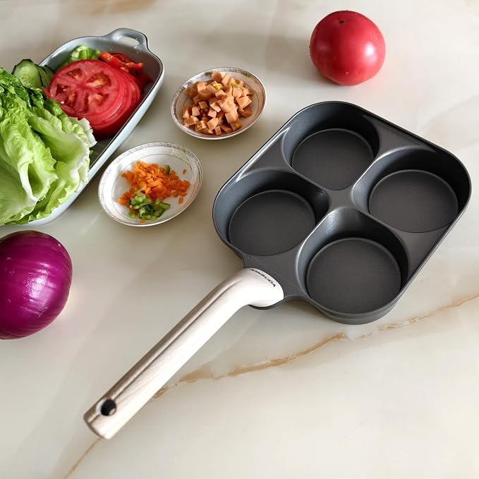 4-Cup Divided Titanium Nonstick Egg Skillet, 4-In-1 Breakfast Pan for Eggs, Pancakes, Crepes, Patties & Omelettes, Induction & Gas Compatible, PFOA/PTFE Free