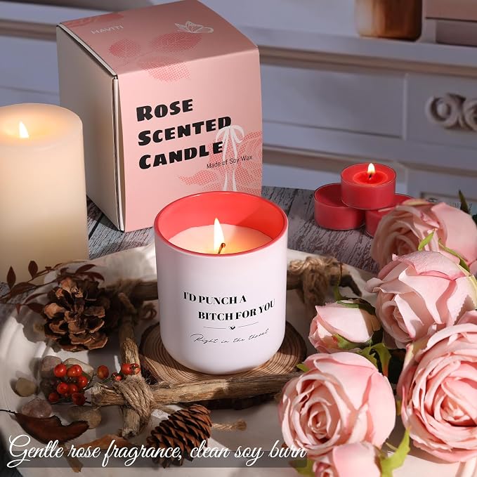 HAVITI Galentines Valentines Day Gifts for Women, Rose Scented Candles 8oz, Jar Candles 40H Soy Wax Candle Birthday Gifts Her Mom Mothers Day Best Friend Bridal Shower Friendship Gift