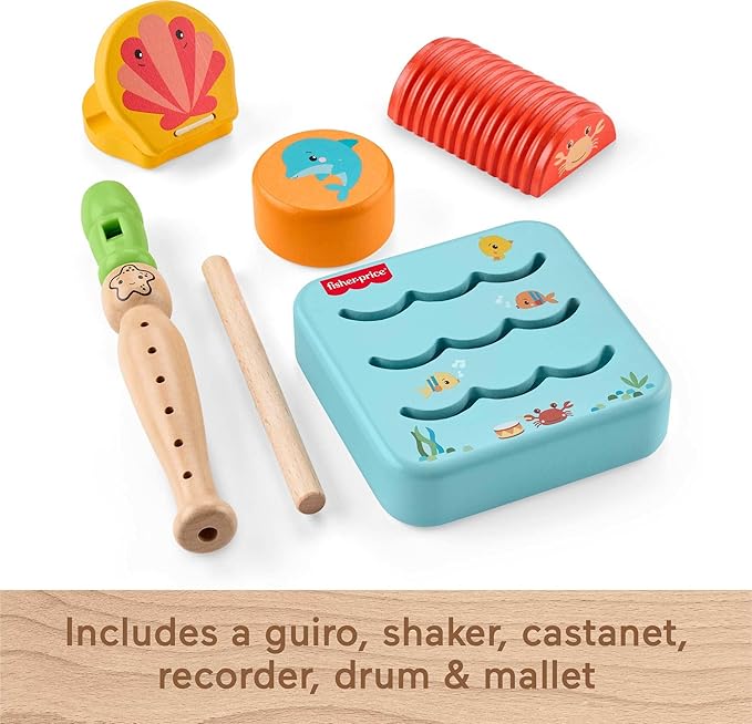 Fisher-Price Wood Toddler Toys Ocean Musical Instruments Set, 6 Wooden Pieces for Creative Play Preschool Kids Ages 2+ Years