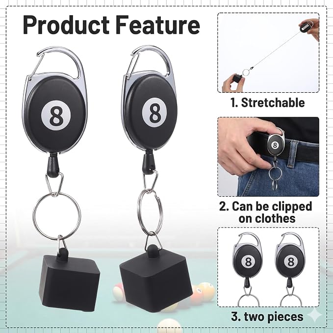 2 Pcs Billiard Chalk Holder, Retractable Cue Chalk Holder with Belt Clip - Billiards Accessories (Black & Silver, Silicone+ABS+Iron)