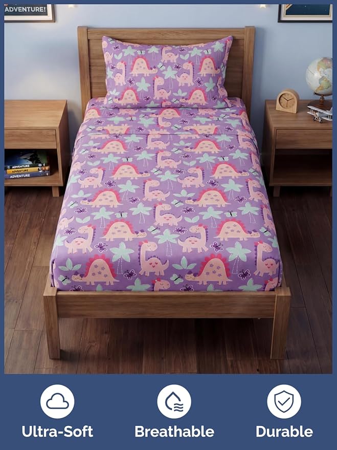 CGK Unlimited Kids Pink Dinos Twin 3 Piece Sheet Set - Boys, Girls, Teens, Toddler - Easy Fit with Deep Pockets - Soft, Cooling & Breathable Sheets - Cute, Cozy, Fade & Wrinkle Free - Machine Washable