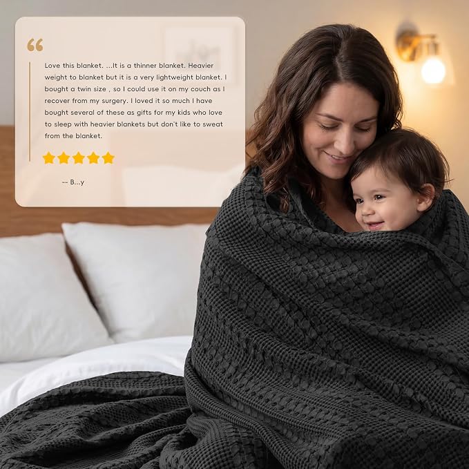 PHF 100% Cotton Waffle Weave Blanket King Size, Lightweight Breathable Summer Blanket for Hot Sleepers, Pre-Washed Soft Layer for Bed, Couch, Home Decor Gift, 108"x90", Black