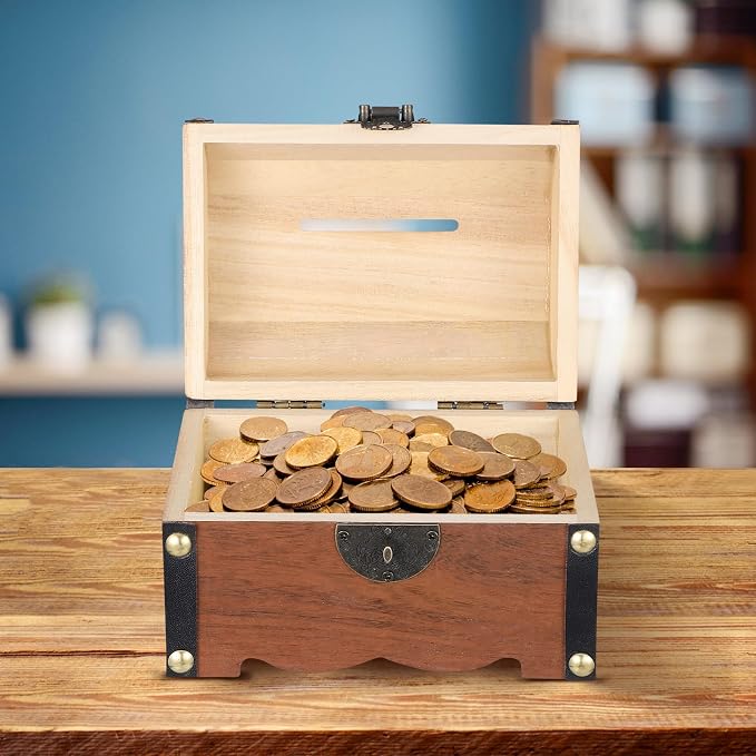 Toyvian Vintage Wooden Pirate Treasure Chest, Antique Jewelry Keepsake Organizer Box with Lock Decorative Storage Trunk for Necklaces Earrings Rings Trinkets Unique Gift for Women Men