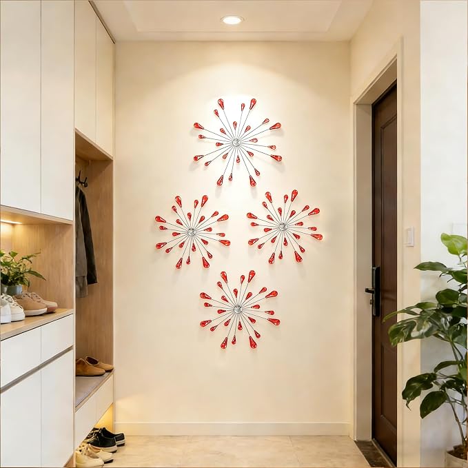 ZEXUIRU 4 Set Silver Starburst Wall Art for Home Decor Metal Bling Crystal Rhinestones Sunburst Wall Decor Sparkling Rhinestone Art Accent -Red 13in/11.8in/9.8in/9.8in