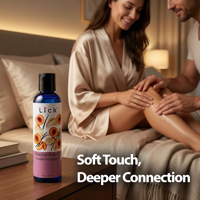 Lick Peaches and Vanilla Flavored Massage Oil – Tropical Edible Massage Oil with Sweet Almond Oil & Vitamin E, Hydrating Body-Safe Formula for Relaxing Couples Massage, 4 oz