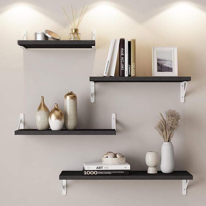 YGEOMER Floating Shelves for Wall, Different Sizes Black Wall Shelves for Living Room, Bathroom, Bedroom, Kitchen, Home Decor (Set of 4)