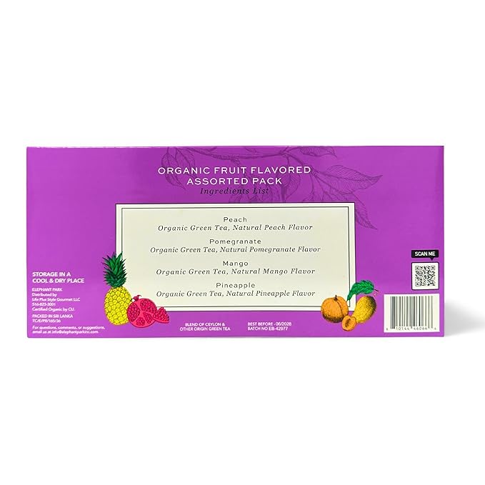 Elephant Park Premium Organic Fruit Green Tea Sampler, 100 Count Assorted Tea Bags, Caffeinated & Herbal Variety Pack Pineapple, Pomegranate, Mango, Peach Flavors