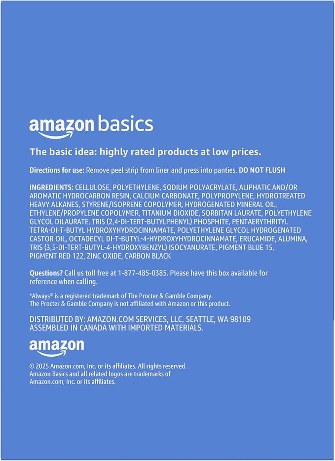 Amazon Basics Daily Pantiliner, Regular Length, Feminine Pads for Women, Unscented, 300 Count (6 Packs of 50) (Previously Solimo)