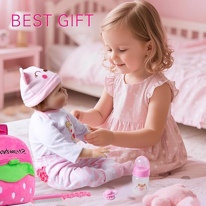 Reborn Baby Dolls Clothes Pink Bear Outfit Accessories 12 Pcs Set for 17-22 Inch Reborn Dolls Newborn Baby Girl with Strawberry Backpack&Feeding Set