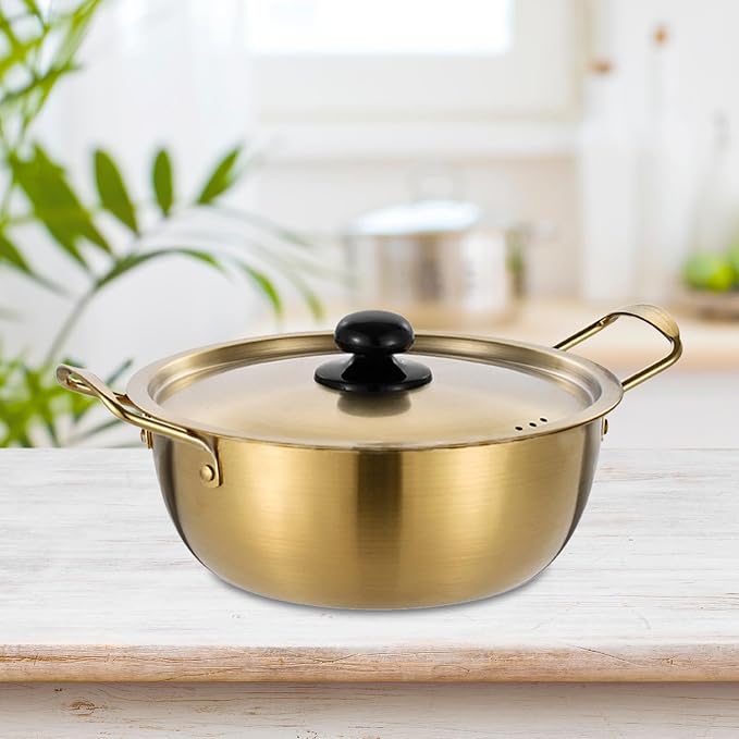 Korean Ramen Pot Stainless Steel Noodle Cooking Pot with Lid Induction Cooker Lightweight Golden Soup Pot Double Handle Suitable for Camping Hiking Pi, 20cm