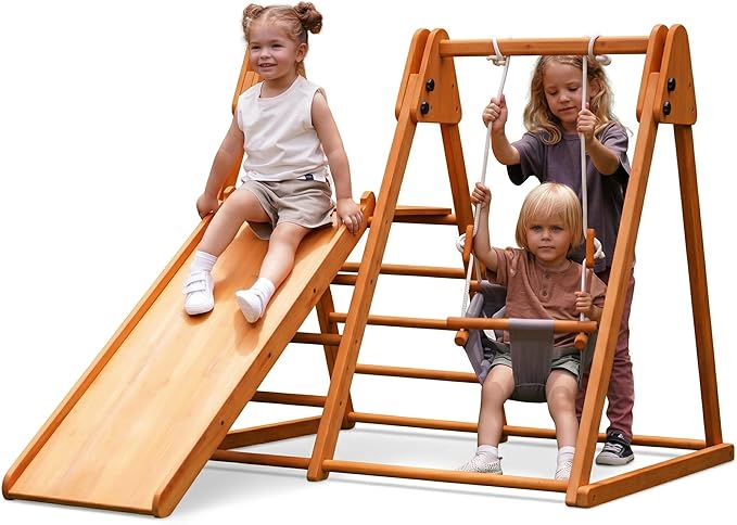 Avenlur 4-in-1 Juniper Outdoor Play Gym - Jungle Gym Playset with Baby Swing, Slide, Ladder, and Climbing Wall - Foldable Wooden Playset - Outdoor Jungle Gym for Kids Ages 18mo to 6yrs