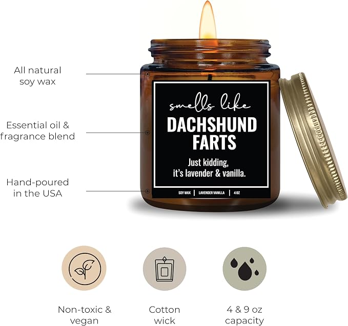 You Nique Designs, Dachshund Candle, 4 Oz, Dachshund Gifts for Women, Weiner Dog Gifts, Daschund, Wiener Dog, Daushaund, Dashound, All Natural Soy Vegan Aromatherapy Candles (Lavender&VanillaA 4oz)
