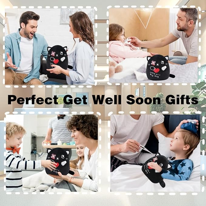 Get Well Soon Plush Cat - Black Cat Stuffed Animal Unique Heart Bandage, Perfect Get Well Gift for All Ages 8 Inch