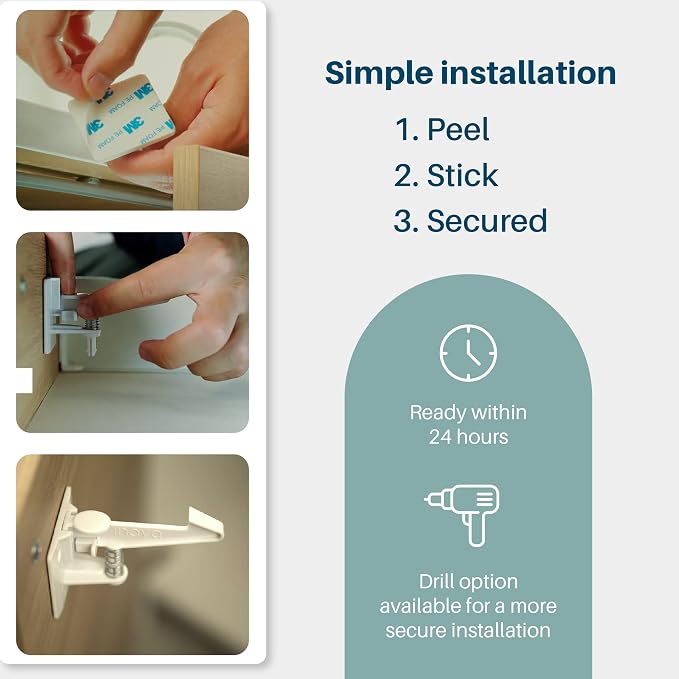 Inaya Cabinet Locks Child Safety Latches (Pro Extended) - Baby Proofing Cabinets & Drawers Locks - Child Proof Your Home - No Drilling & No Tools Required! (12 Pack)