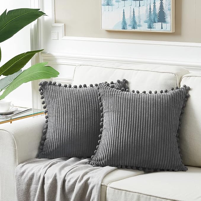 Fancy Homi Set of 2 Dark Gray Decorative Throw Pillow Covers 12x12 Inch with Pom-poms for Couch Bed Sofa, Modern Farmhouse Boho Home Decor, Soft Plush Corduroy Cute Cushion Case 30x30 cm