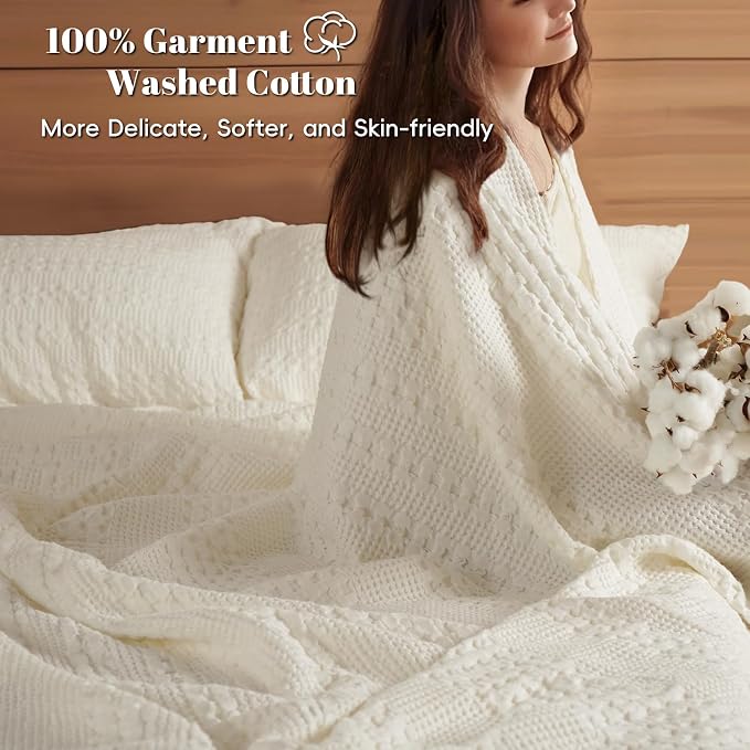 PHF 100% Cotton Waffle Blanket Oversized King 120"x120", Lightweight Breathable Extra Large 10'x10' Blankets for Bed, Giant Big Luxury Aesthetic Woven Bedding for Home Decor, Ivory