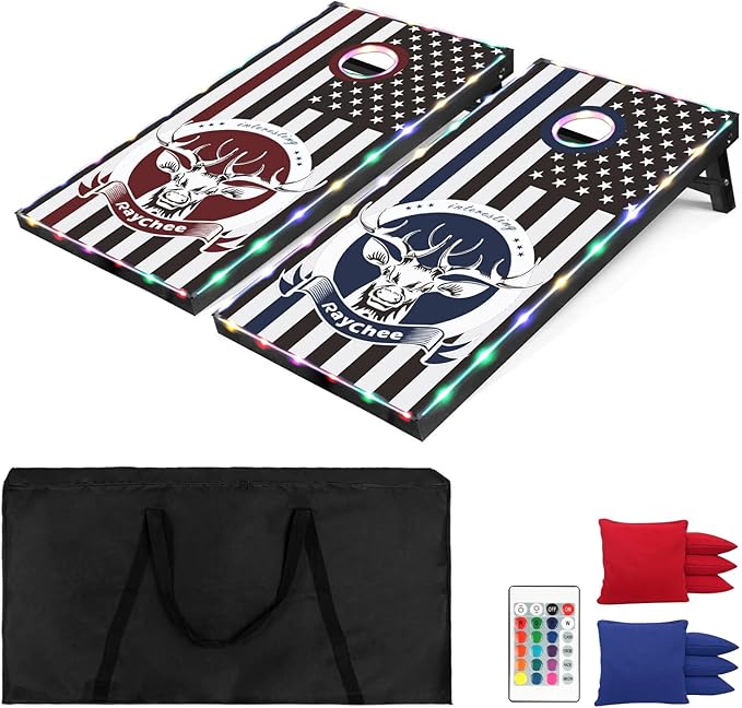 LED Cornhole Set, 3 x 2ft / 4 x2 ft Cornhole Board Game Set, Corn Hole Outdoor Game, Multi-Design with Light-Up Border, 8 Bean Bags, Carrying Case for Backyard, Beach, Lawn