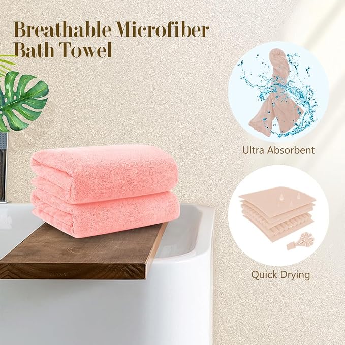 Orighty Microfiber Bath Towels Pack of 2(27'' x 54'') - Soft Feel, Highly Absorbent, Quick Drying for Body, Sport, Yoga, SPA, Fitness - Pink