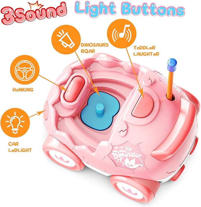 2 Pack Pink Dinosaur Remote Control Car Toys, Valentine's Day Birthday Gifts for Boys Girls 2 3 4 Years Old, Dino RC Car with Music and Light, Toddlers Toys for Kids 2-4 Year Old,(Pink Blue)