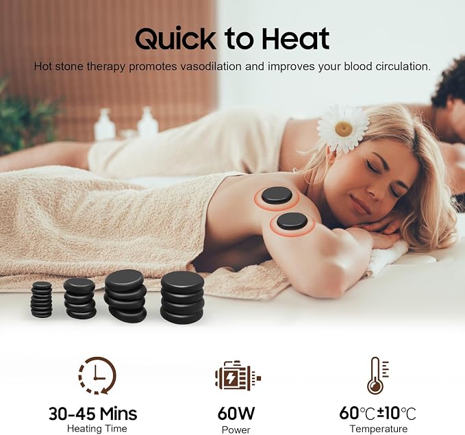 NICECHOOSE Hot Stones Massage Kit, 20Pcs Portable Smooth and Natural Basalt Hot Rocks Set Massage Stone Warmer with Heater Box for Spa Body Relaxing Massage Therapy