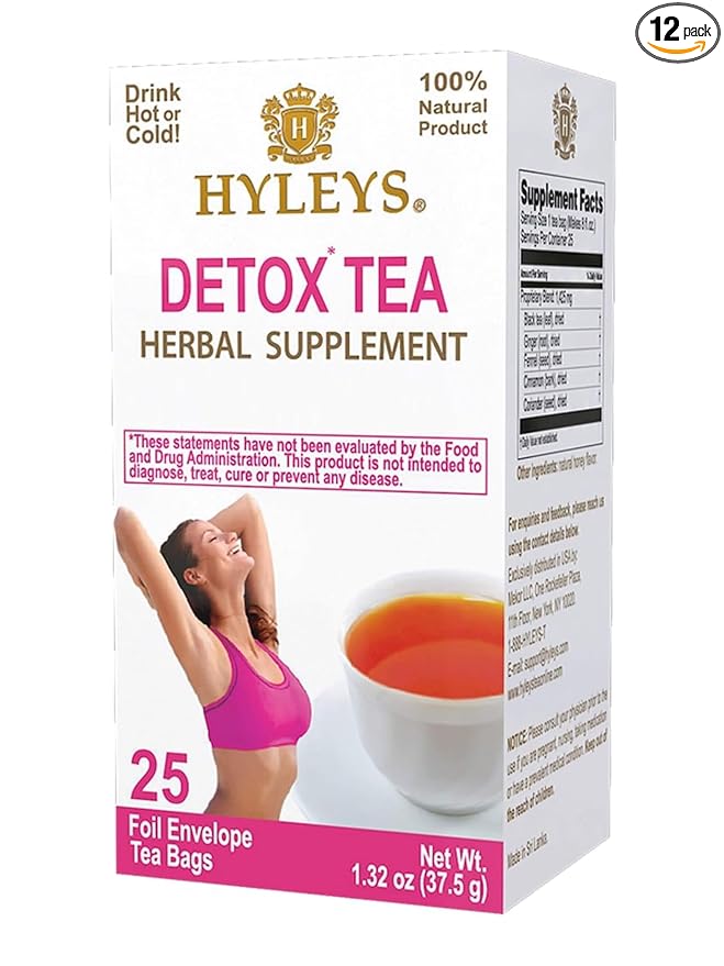 Hyleys Detox Tea for Cleanse – Black Tea with Ginger, Honey & Cinnamon – 25 Tea Bags (1 Pack) – Supports Digestion, Detox & Bloating Relief (12 Pack - 300 Tea Bags Total)