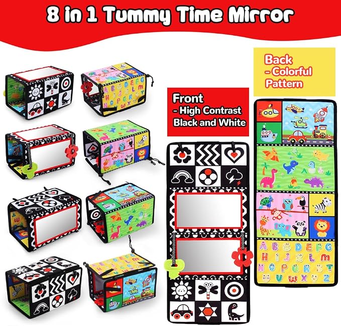 Tummy Time Floor Mirror with Teethers, Double-Sided Baby Mirror Black and White High Contrast Baby Toys for Babies, Baby Montessori Toys Crawling Developmental Newborn Infant Sensory Toys
