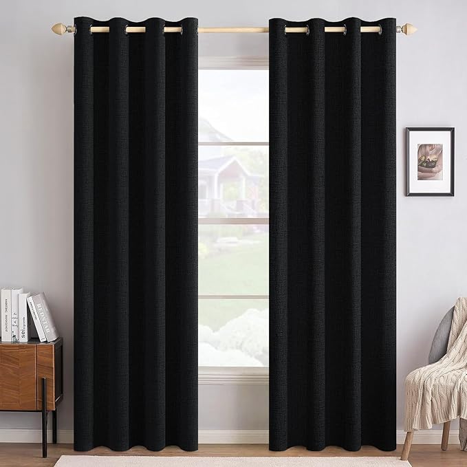 MIULEE Linen Texture Curtains for Bedroom Solid 100% Blackout Thermal Insulated Halloween Black Curtains Grommet Room Darkening Drapes for Living Room 52x84 Inch (2 Panels)