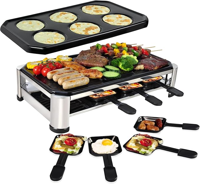 TAMARIT 8-Person Raclette Grill, Electric Table Grill for family gathering | Nonstick Grill plate and extra plate for crepe or pan cake,1500W