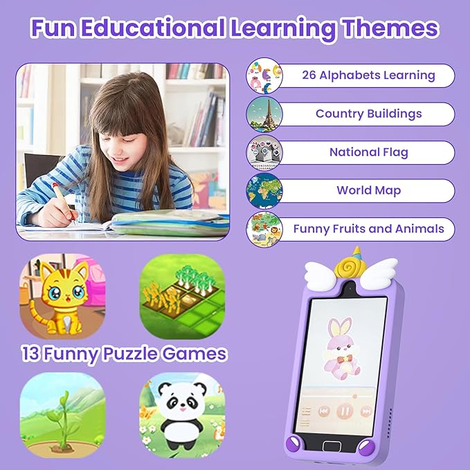 Kids Smart Phone for Girls, 4.0" Touchscreen Toddler Learning Play Toy Phone with Dual Camera, Birthday Gifts for Age 3 4 5 6 7 8 Year Old Kids Cell Phone, Game, Music Player, 32GB Card Purple