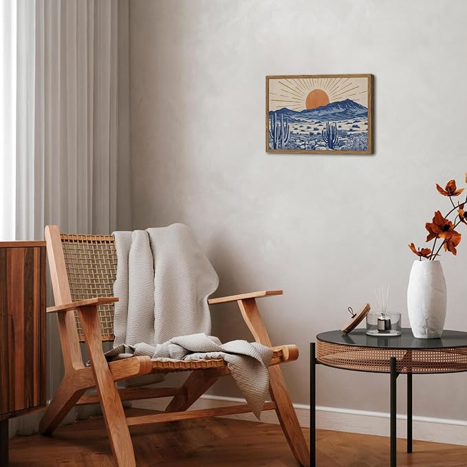 Vintage Western Desert Wall Art Boho Mexican Cactus and Sun Wall Decor Painting, Abstract Blue Southwestern Landscape Poster Canvas Prints Artwork for Living Room Bedroom 12x16 inch Wood Framed