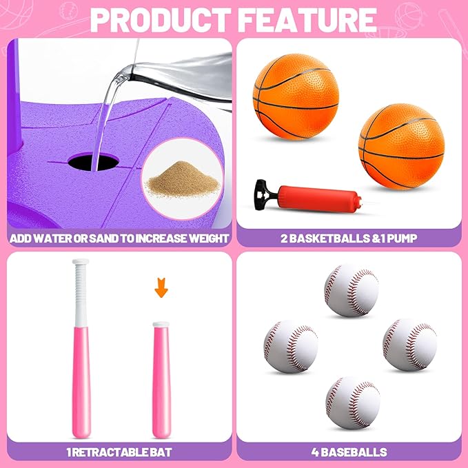 3 in 1 Kids Basketball Hoop and T Ball Set, Adjustable Height Toddler Basketball Hoop, Hanging Tee Baseball, Indoor Outdoor Sports Toys Gifts for Toddlers Boys Girls Ages 3 4 5 Year（Blue