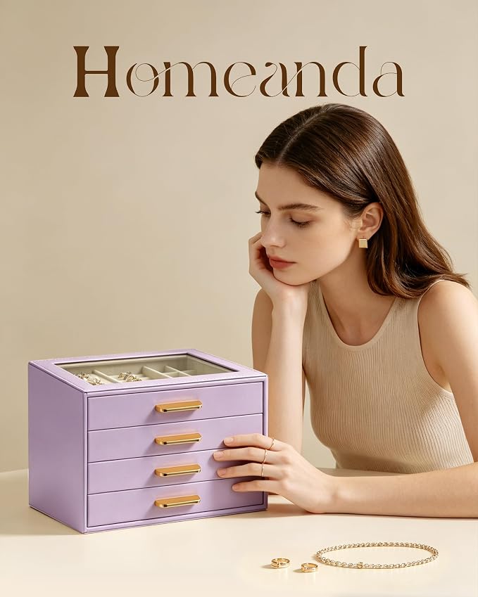 Homeanda Jewelry Boxes Organizer with Glass Lid, 4-Layer PU Leather, Purple | Modern style display case with 4 drawers for daily jewelry, women, mom or girl gift