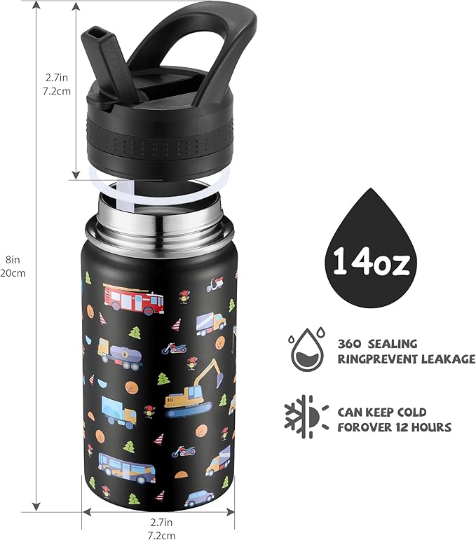 Kids Water Bottle,14oz Stainless Steel Insulated Water Tumbler Leak-Proof,School Water Mug,Small and Portable,Suitable for Boys and Girls to Use(Black cartoon car)
