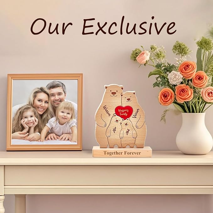 Personalized Wooden Cute Bear Puzzle - Customizable with 2-6 Names Bear Family Puzzle, Home Decor Housewarming Gift Unique Christmas, Halloween Wooden Animal Decoration (Cute Bear)