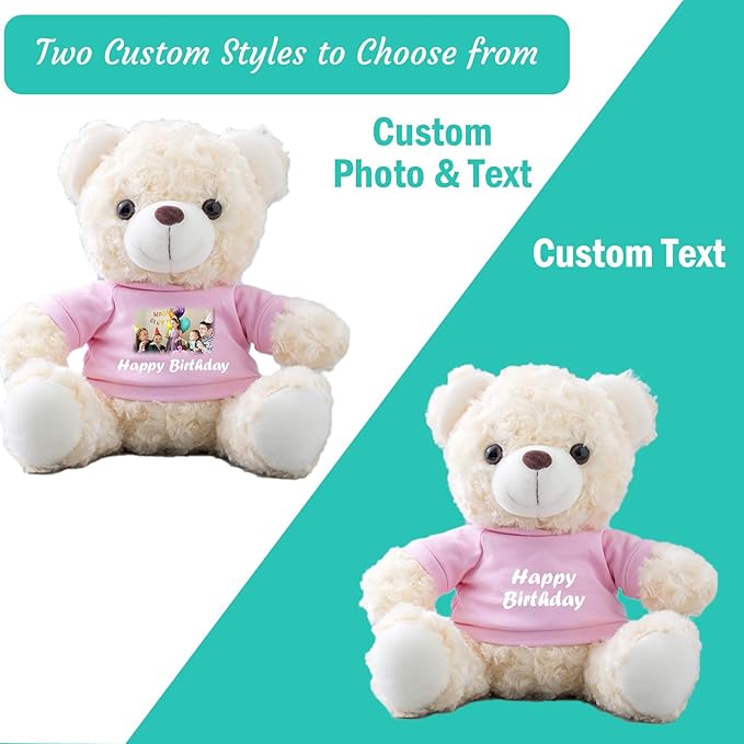 Teddy Bear Customized Gifts for Women/Men with Custom Text, Personalized Teddy Bear Stuffed with T-Shirt as Personalized Gifts for Christmas Valentines Day Birthday (10 inch-Text+Photo)