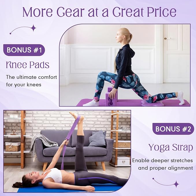 Yoga Blocks 2 Pack for Wrist Relief Yoga Blocks Wrist Support Set with Knee Pads and Strap Improve Comfort and Grip, Nonslip EVA Foam Pilates Exercise Balance Stretching Accessories Meditation