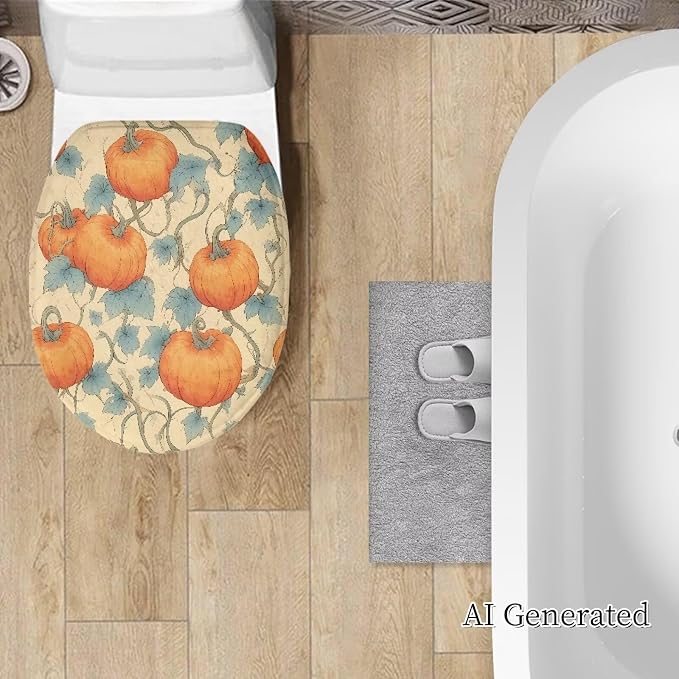 Pumpkin Vines Plush Toilet Seat Cover, Washable Elongated Oval Lid Protector, Beach Style Bathroom Decor Accessory